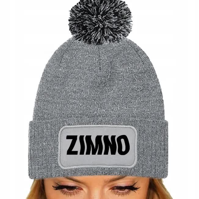 Szara Czapka Zimowa Z Pomponem ZIMNO Ciepła Na Prezent Wzory