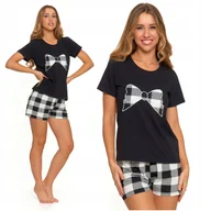 Piżamy damskie - Urocza PIŻAMA DAMSKA Krótki Rękaw Szorty w Kratę Wygodna Czarna MORAJ S - miniaturka - grafika 1