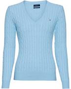 Swetry damskie - GANT Damski sweter bawełniany z dekoltem w serek, niebieski (Waterfall Blue), standardowy, niebieski (waterfall blue), L - miniaturka - grafika 1