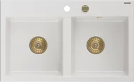 Zlewozmywaki - Mexen Hektor zlewozmywak granitowy 2-komorowy 800 x 490 mm, biały, syfon złoty - 6521802000-20-G - miniaturka - grafika 1