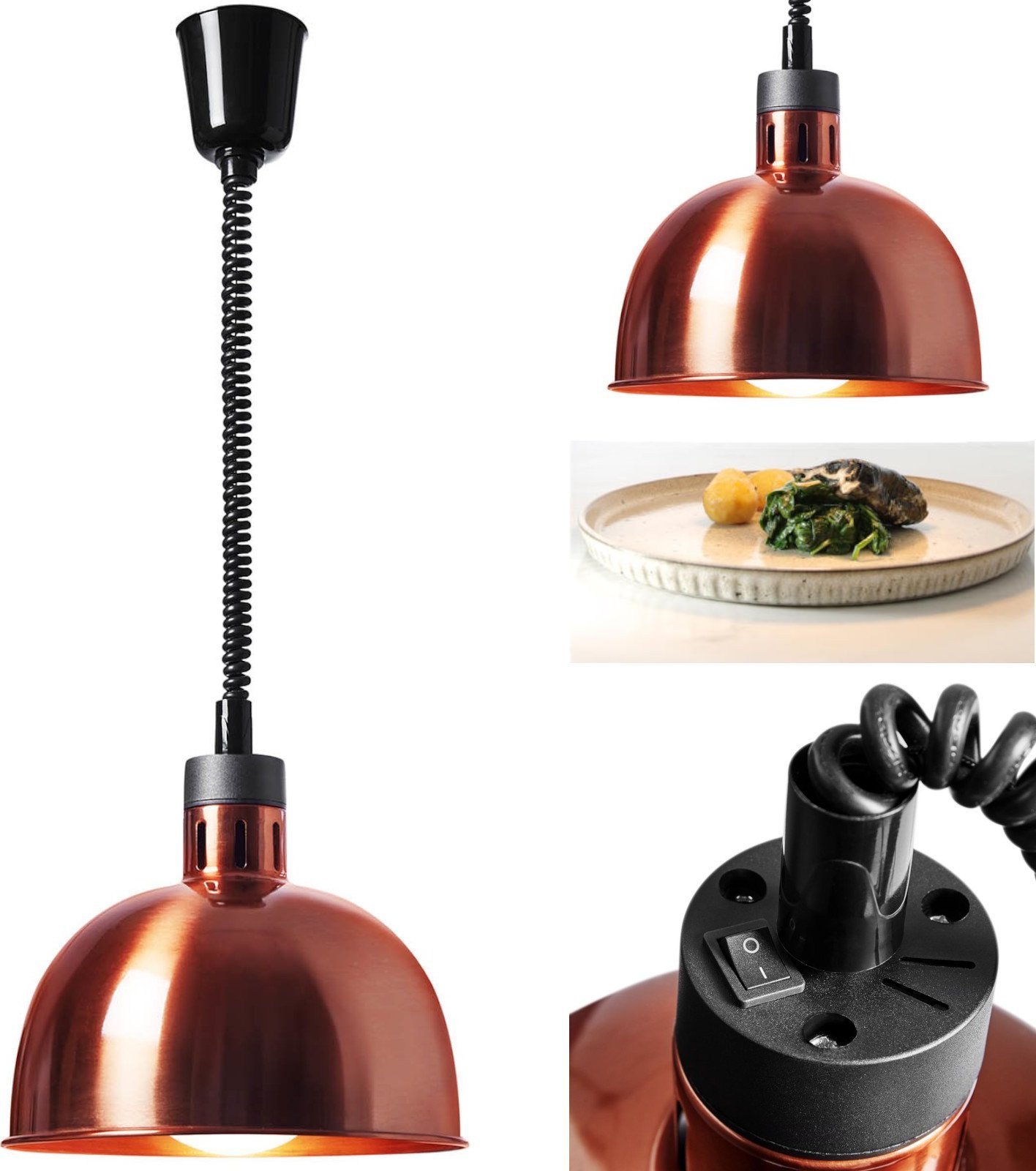 Lampa wisząca Royal Catering Lampa grzewcza do potraw na podczerwień IR wisząca miedziana śr. 29 cm 250 W Lampa grzewcza do potraw na podczerwień IR wisząca miedziana śr. 29 cm 250 W