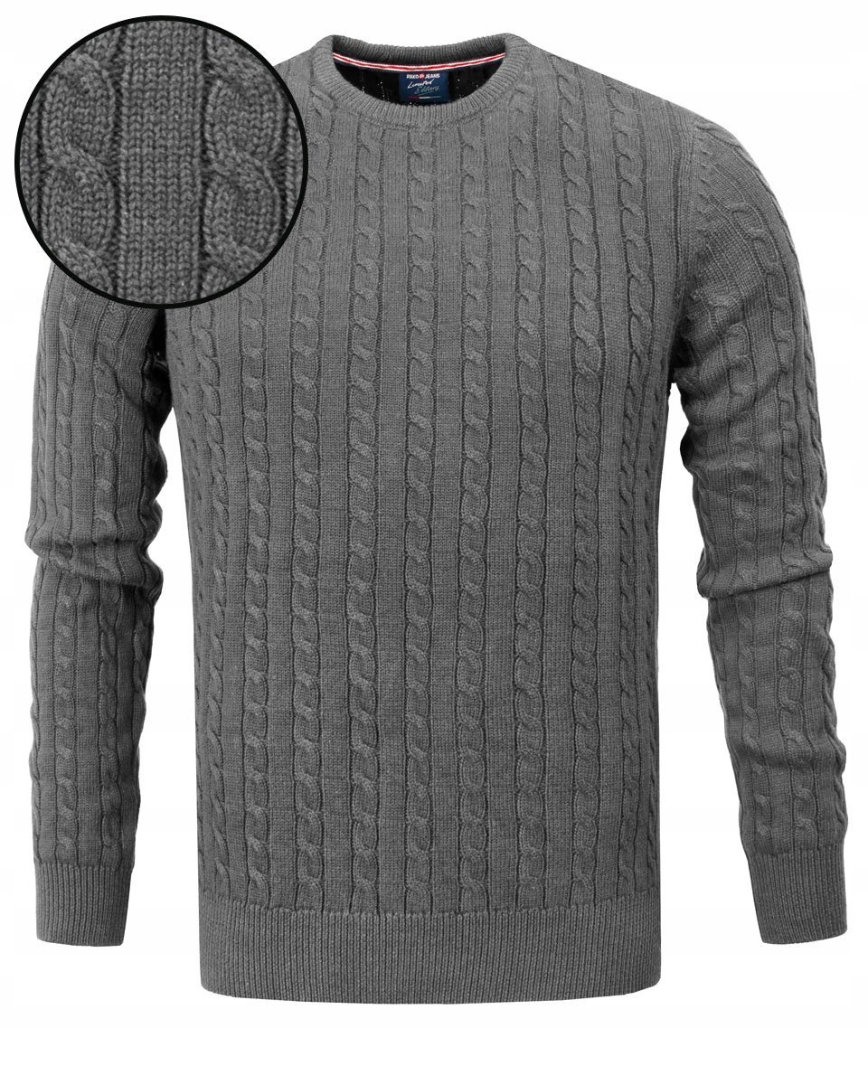 Ciepły i Modny SWETER Męski CIEMNOSZARY z Warkoczami Bawełniany Pako Jeans