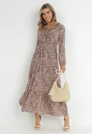 Sukienki - Brązowo-Beżowa Sukienka z Falbanką przy Dekolcie w Ornamentalny Wzór isha - miniaturka - grafika 1