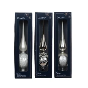 Czubek na choinkę szklany dekorowany 8 x 31 cm mix wzorów biały / srebrny - Ozdoby bożonarodzeniowe - miniaturka - grafika 1