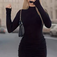 Sukienki - TEMU Damska Seksowna Dopasowana Długa Sukienka z Kołnierzem Stojącym - Jednokolorowa Elastyczna Sukienka Midi/Długa na Imprezy, Pranie w Praniu - miniaturka - grafika 1