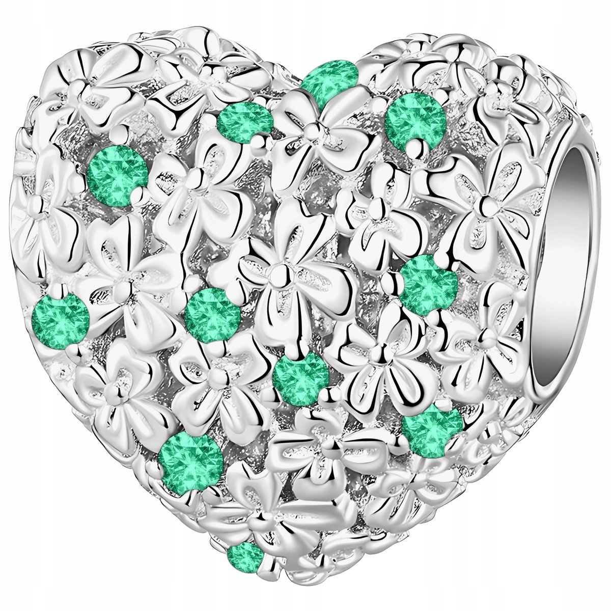 Charms Srebrny Serce z Kwiatami Zielone Cyrkonie Kwiat Miłość SREBRO 925