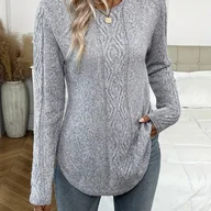 Bluzy damskie - TEMU Sweter Damski Casual Teksturowany - Miękka, Elastyczna Bluza z Okrągłym Dekoltem, Jednokolorowy na Jesień/Zimę, Ręczne Pranie/Czyszczenie - miniaturka - grafika 1