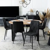 Stoły z krzesłami - Zestaw Stół Okrągły Rozkładany HARRY 102-142 cm Dąb Craft/Czarny i 6 Krzeseł Tapicerowanych ROBIN 2 Czarnych Nowoczesnych - miniaturka - grafika 1
