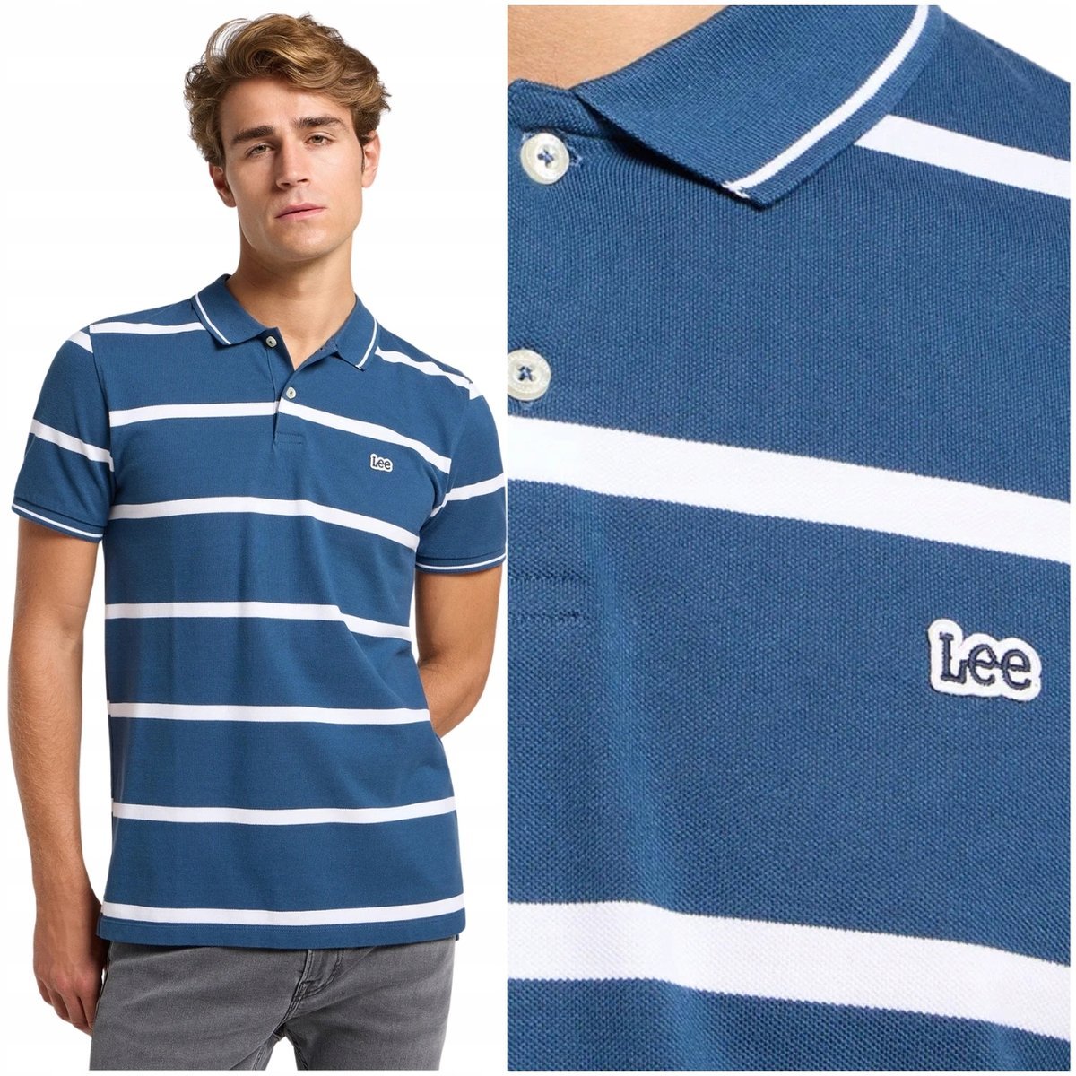 Lee PIQUE POLO Orion Stripe niebieska bawełniana polówka w paski z logo M