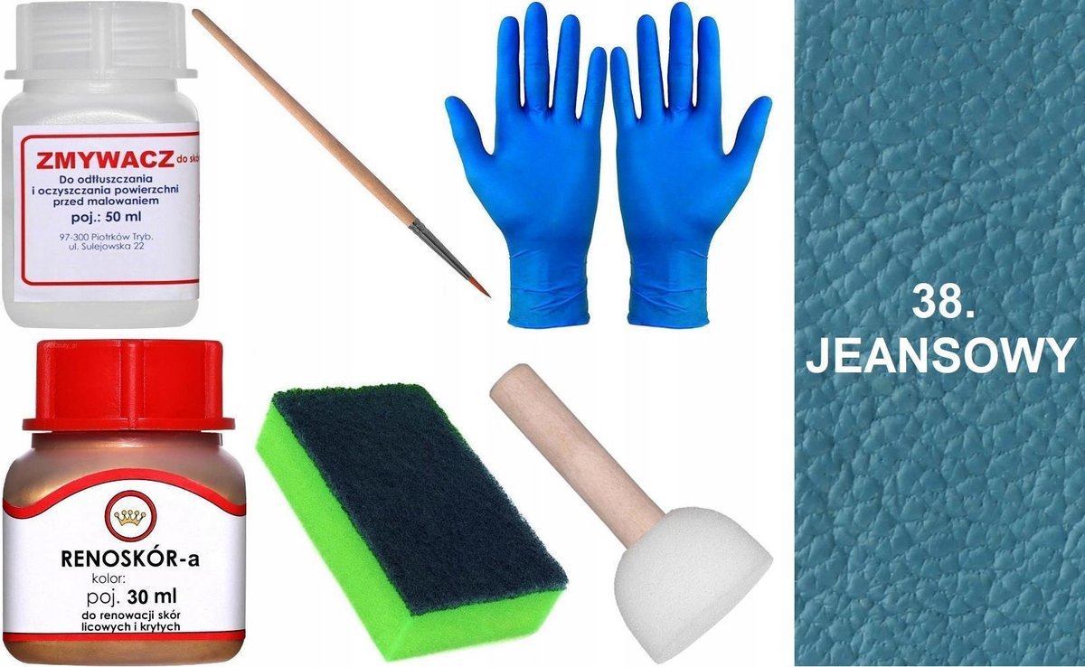 JEANSOWY 38 Renoskór ZESTAW DO RENOWACJI SKÓRY LICOWEJ Farba Zmywacz Pędzel