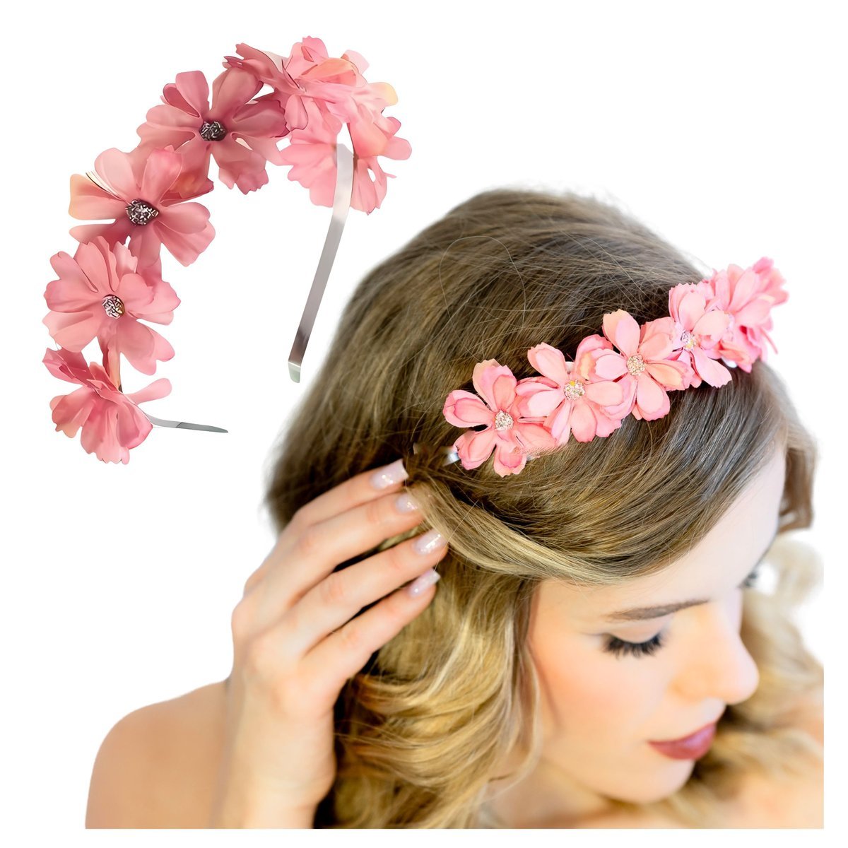 Opaska Wianek do Włosów Różowa na Głowę z Kwiatami Metalowa Lekka Wygodna