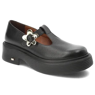 Czarne Półbuty Karino Modne Obuwie Damskie Z Kwiatem - Półbuty damskie - miniaturka - grafika 1