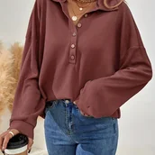 Bluzki damskie - TEMU Damski Jednokolorowy T-Shirt z Kołnierzykiem i Półzapięciem - Długa Bluzka na Jesień/Zimę, Elegancka do Biura i Półformalna, Tekstura Niegładka, - miniaturka - grafika 1