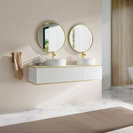 Szafki łazienkowe - Podwieszana szafka łazienkowa prążkowana ze złotymi wykończeniami, 2 szuflady z podwójną umywalką nablatową kwadratową - Biała - 150 cm - KELIZA - miniaturka - grafika 1