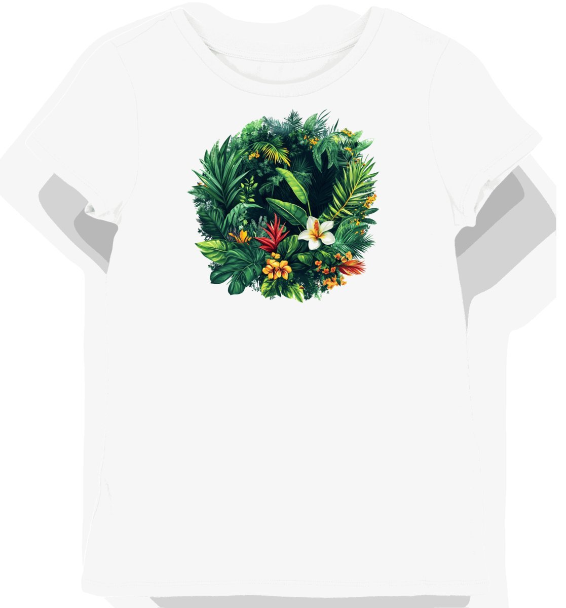 Koszulka damska biała z motywem rajskich liści i kwiatów L