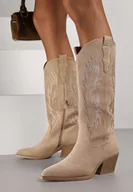 Kozaki damskie - Ciemnobeżowe Kozaki Kowbojki na Stożkowym Obcasie z Haftowaną Cholewką Nallissea - miniaturka - grafika 1