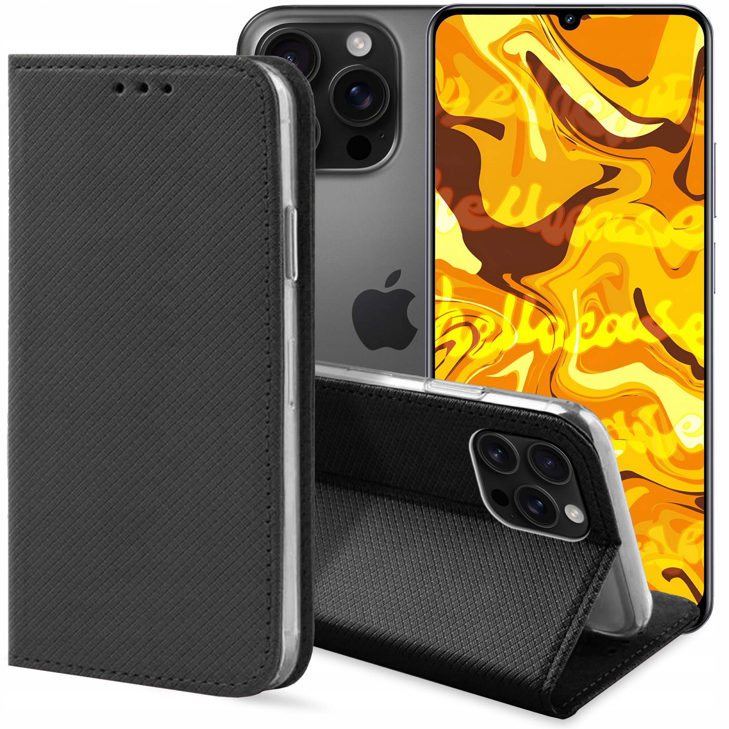 ETUI Z KLAPKĄ DO APPLE IPHPNE 16 PRO MAX CZARNE ZAMYKANE MAGNETYCZNE KABURA