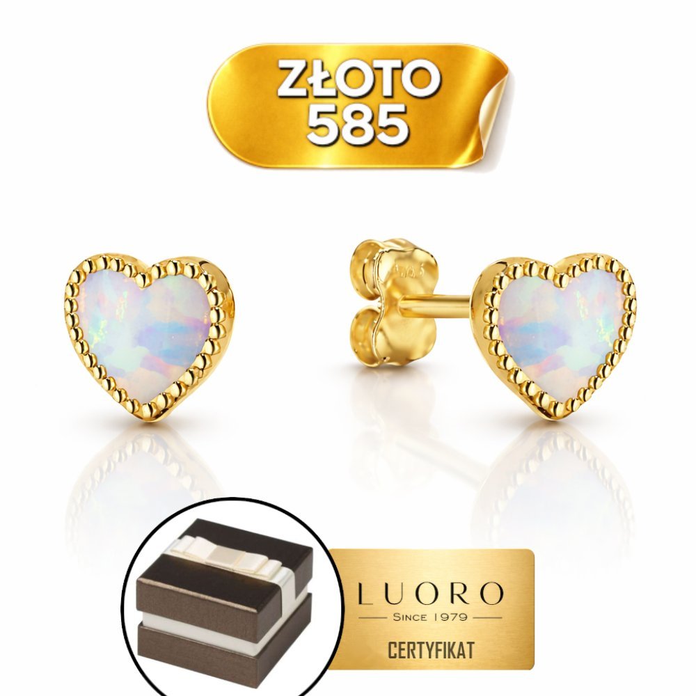KOLCZYKI ZŁOTE 585 14K SERDUSZKA Z OPALEM 6 MM SZTYFT ELEGANCKIE