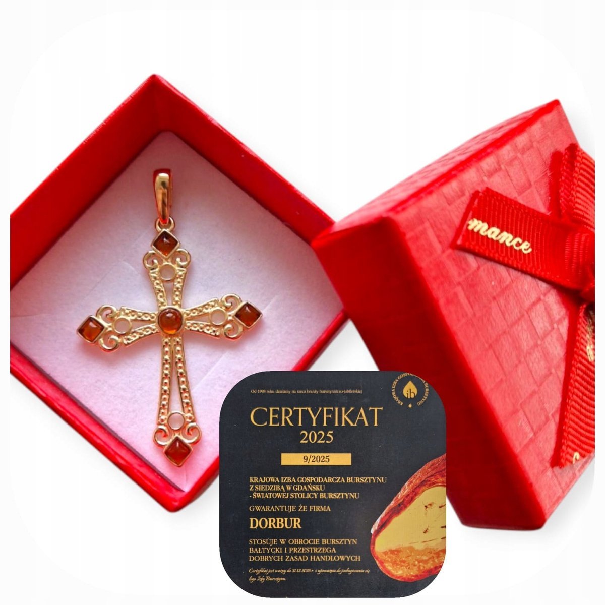 Krzyżyk srebrny pozłacany 925 z bursztynem koniakowym Zawieszka krzyż