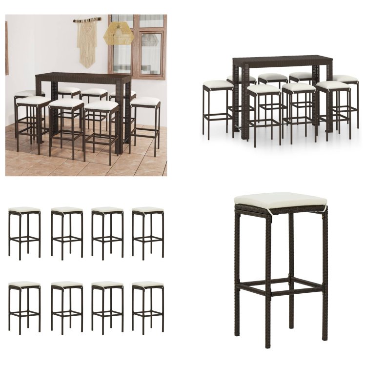 vidaXL 9-częściowy ogrodowy zestaw barowy z poduszkami z polirattanu brązowy - Zestaw barowy - Zestawy barowe - Stół barowy i stołki barowe - Stół barowy