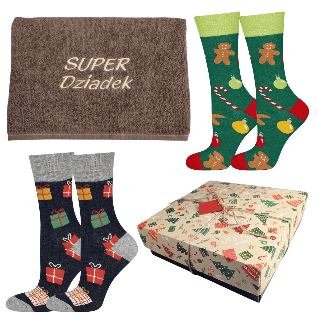Męskie skarpetki świąteczne wzory 2 pary + ręcznik z haftem SUPER Dziadek w pudełku na prezent