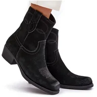 Botki damskie - Zamszowe Botki Kowbojki Damskie Na Niskim Obcasie Ocieplane Sergio Leone BT284-S Czarne - miniaturka - grafika 1