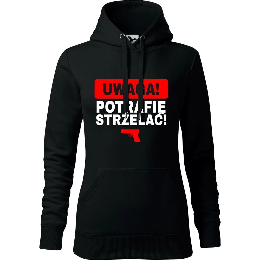 Damska Bluza Z Kapturem - Uwaga! Potrafię Strzelać! Czarny 2xl
