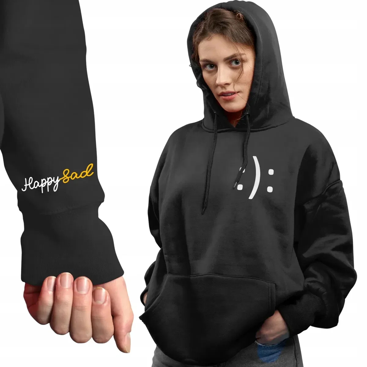 Modna Czarna Bluza Damska Z Kapturem Happysad Rozmiar Xxl Top Wiele Wzorów