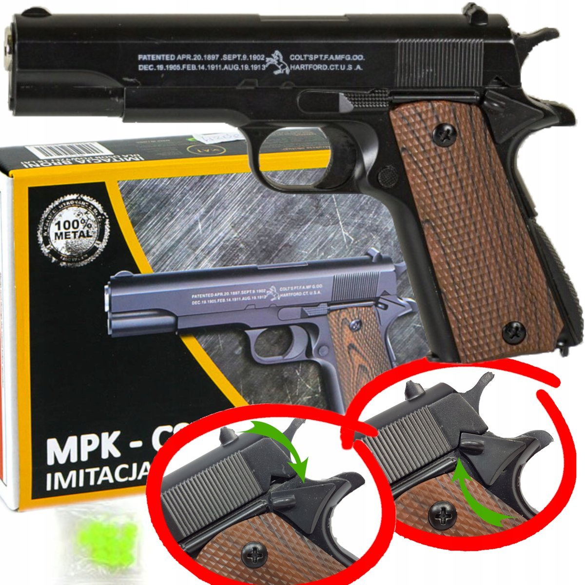 Pistolet Metalowy Colt M1911 na Kulki Replika Asg Imitacja Drewna z Blokadą