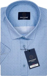 Błękitna koszula męska z krótkim rękawem z lycrą we wzory SLIM-FIT - Koszule męskie - miniaturka - grafika 1