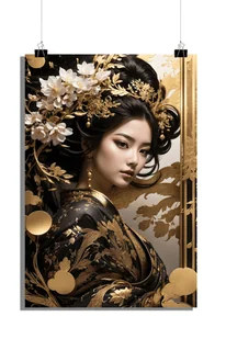 Plakat Kobiety - Plakat Gejsza - Plakat Orientalny - Złoty Plakat - Stylowy Plakat - Plakat Kwiaty - 51x71cm - Idealny do oprawienia w ramę - Plakaty - miniaturka - grafika 1