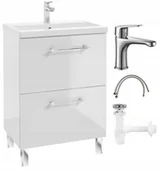 Szafki łazienkowe - Szafka łazienkowa z umywalką baterią i syfonem 60x80cm Stojąca Biały połysk Cassandra - miniaturka - grafika 1