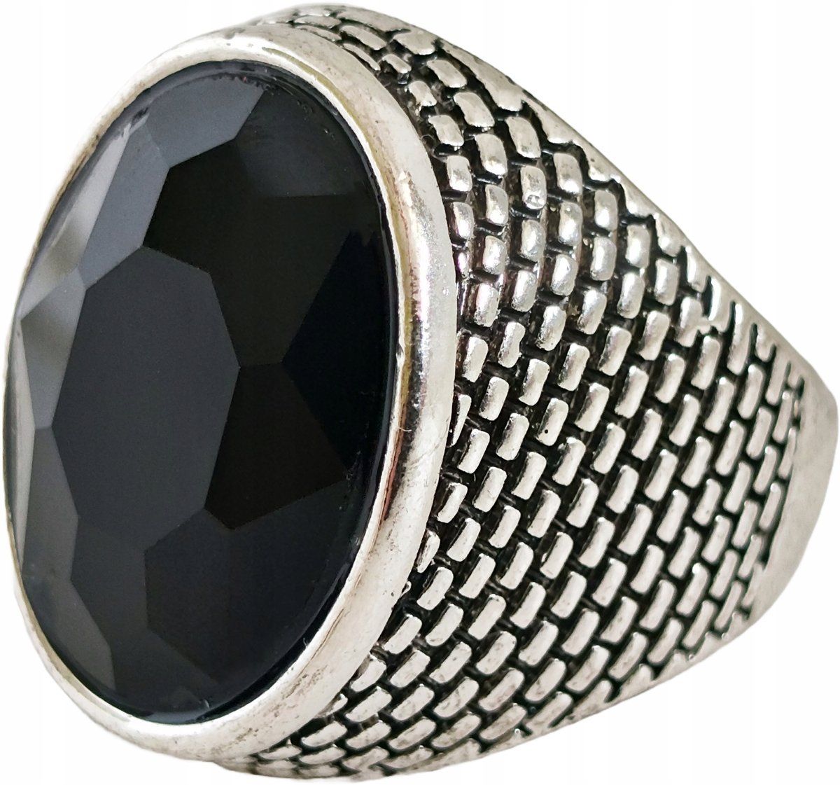 Srebrny Sygnet z Dużym Onyksem Czarny Kamień Stal Szlachetna Vintage