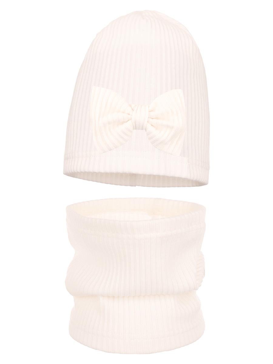 Dziewczęcy komplet czapka i komin w prążki z kokardą ecru Ambra r.50/54