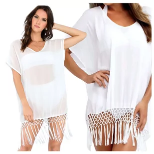 Pareo Narzutka Kimono Tunika Boho Z Frędzlami Na Lato Na Basen Plażę Biała - Bluzki damskie - miniaturka - grafika 1