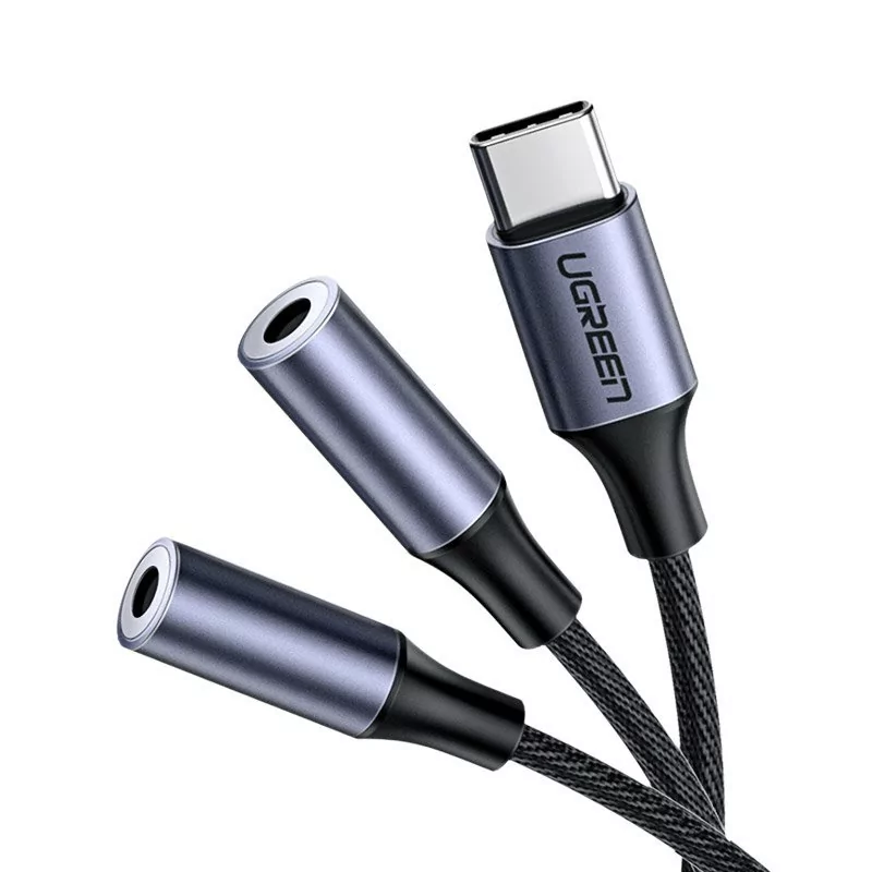 Ugreen kabel przewód rozdzielacz słuchawkowy USB Typ C - 2x 3,5 mm mini jack AUX 20cm szary (30732) 30732