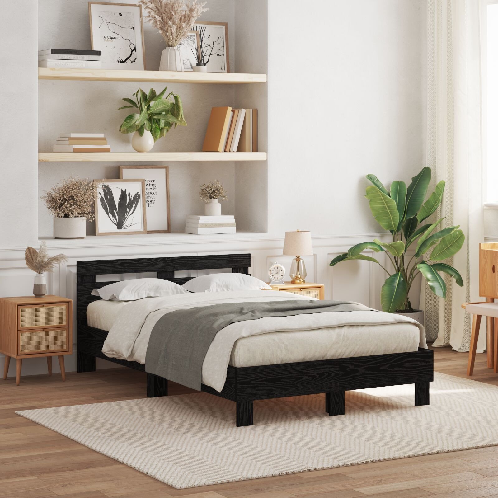 vidaXL Rama łóżka z dębu Czarny dąb Drewno inżynieryjne 135 x 190 cm
