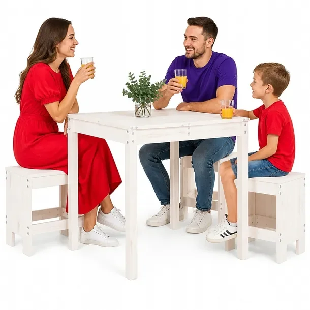 Zestaw Mebli Bistro do Ogrodu z Litego Drewna Sosnowego, Biały, Stół 82,