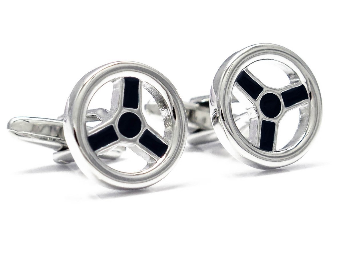 Srebrno-czarne spinki do mankietów - kierownica A154