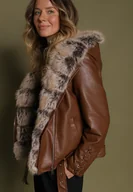 Kurtki damskie - Brązowa Kurtka Ramoneska z Odpinanym Kapturem i Futrem Aplonna - miniaturka - grafika 1