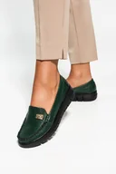 Mokasyny damskie - Zielone mokasyny skórzane damskie na platformie ze złotą ozdobą PRODUKT POLSKI Casu 10167-40 - miniaturka - grafika 1