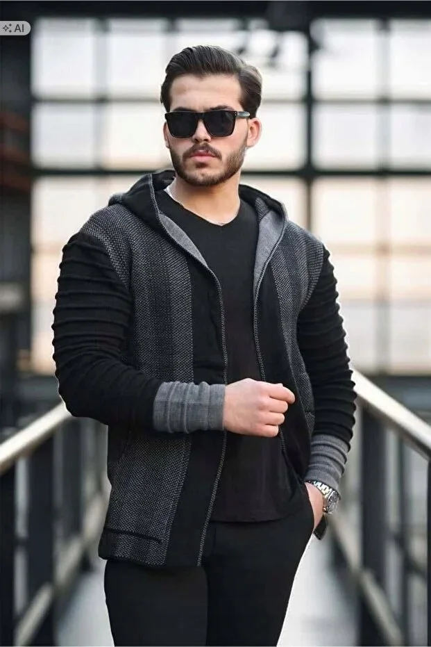 MĘSKI PLECIONY SWETER Z KAPTUREM W STYLU SPORTOWYM S/M 5IA