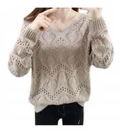 Swetry damskie - Sweter Damski Ażurowy Beżowy - miniaturka - grafika 1