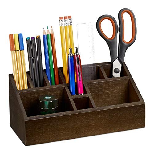 Relaxdays Pojemnik na długopisy, organizer na biurko z bambusa, z 10 przegródkami na długopisy i karteczki, półka, ciemnobrązowy, 100, wys. x szer. x gł.: ok. 10 x 23 x 10 cm