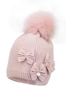 Czapki dla dzieci - Dziewczęca czapka na zimę TRINE z pomoponem pudrowy róż - miniaturka - grafika 1