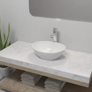 vidaXL Umywalka z baterią mieszającą, ceramiczna, owalna, biała - Umywalki - miniaturka - grafika 1