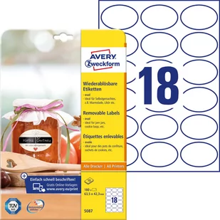 Avery Etykiety papierowe owalne 63,5x42,3 ZWECKFORM usuwalne białe 10ark 180 etykiet /5087/ ZW686 - Etykiety do drukarek - miniaturka - grafika 1
