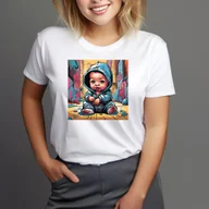 Koszulki i topy damskie - T-Shirt Koszulka biała z nadrukiem Bobas Dziecko art fun rozmiar L - miniaturka - grafika 1