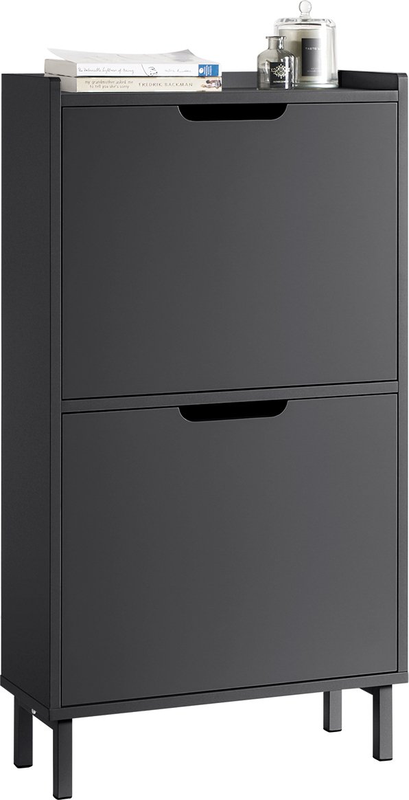 SoBuy FSR151-SCH Wywrotka na buty z 2 klapami Szafka na buty wąska Regał na buty z 4 półkami Komoda na buty Regał na buty czarny