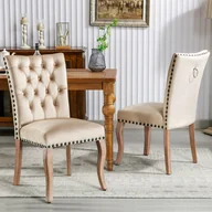 Krzesła - Zestaw 2 krzeseł do jadalni tapicerowanych welurem – nogi z litego orzecha włoskiego – zdobione guzikami – beżowe - miniaturka - grafika 1